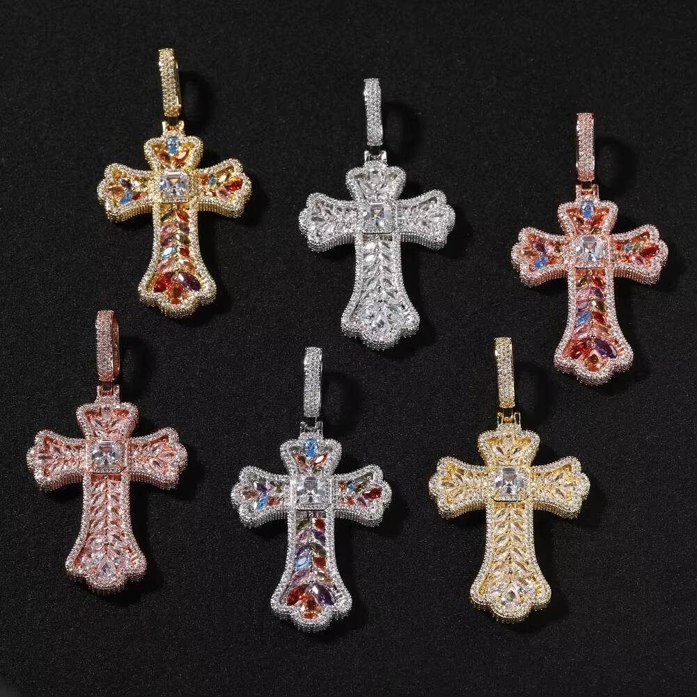 Personalized Fashion New Design Hip Hop Jewelry Colorful Ear of Wheat Shape Rainbow Zircon Cross Pendant Necklace for Women Men