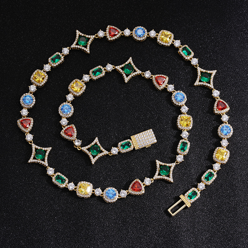 designer Cross-Border Jewelry Colorful Gemstone Bracelet European and American Hot Selling Diamond-Encrusted Hip-Hop Necklace Niche Tennis Chain Colla