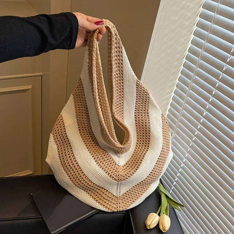 High Quality Large Capacity Color Matching Knitting Shoulder Hollow Out Fresh Exquisite Tote Bags for Women 2026 Casual New XJ260306