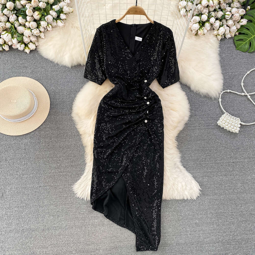 2026 designer fashion women's short sleeved V-neck A13 waist slimming pleated skirt shiny silk irregular slit slimming dress