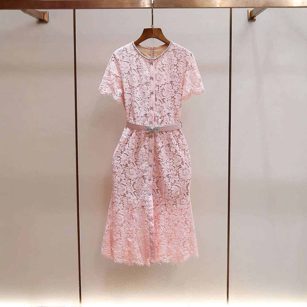 2026 Spring and Summer New High end Pink Thick Lace Beaded Round Neck Short Sleeve A-line Mermaid Dress