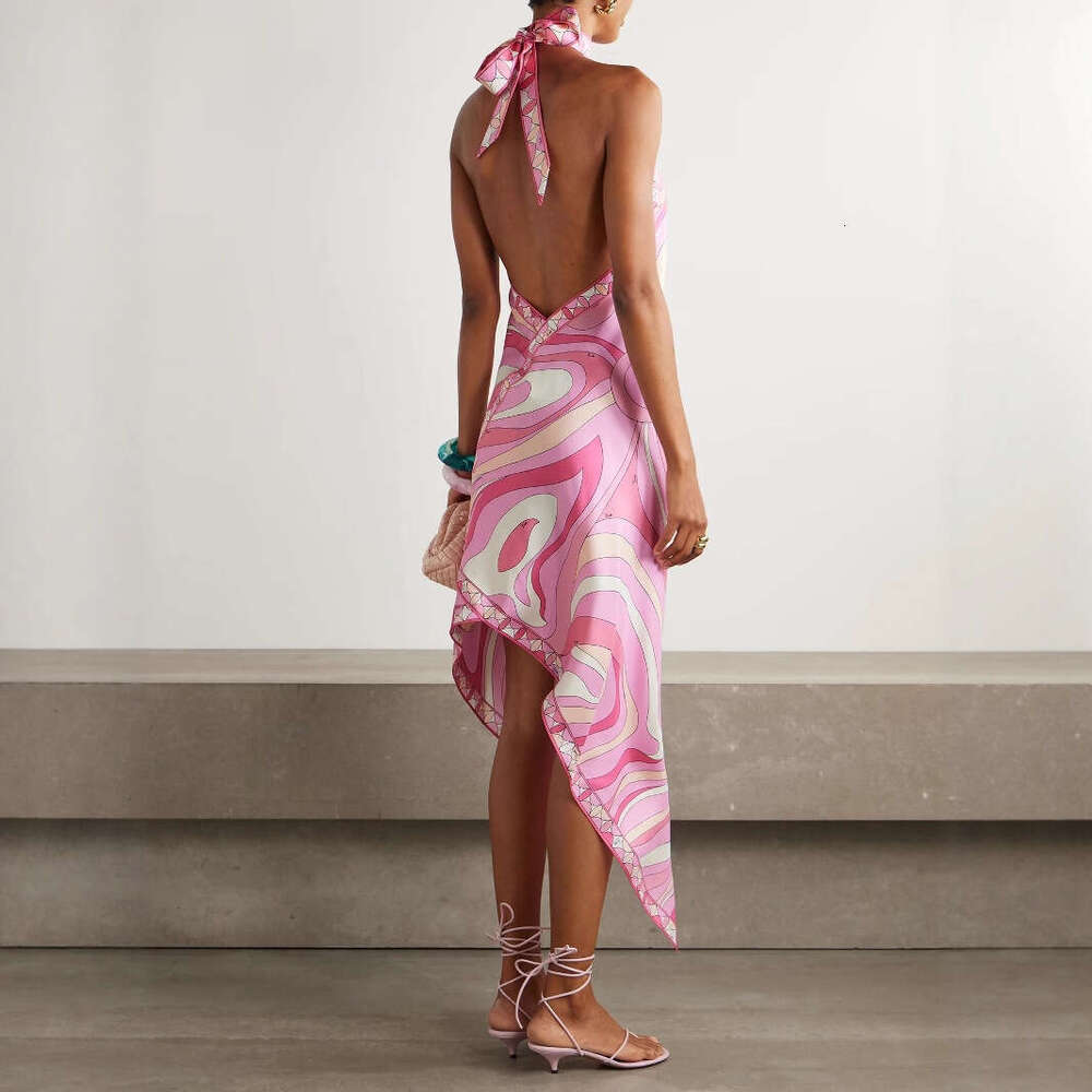 New Summer European and American Sexy Halter Neck Backless Printed Satin Vacation Beach Dress for Women