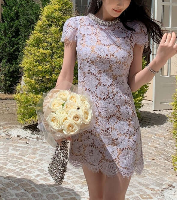 2026 Spring and Summer New Women's Purple Flower Lace Sleeve Round Neck Short Style Mini Dress