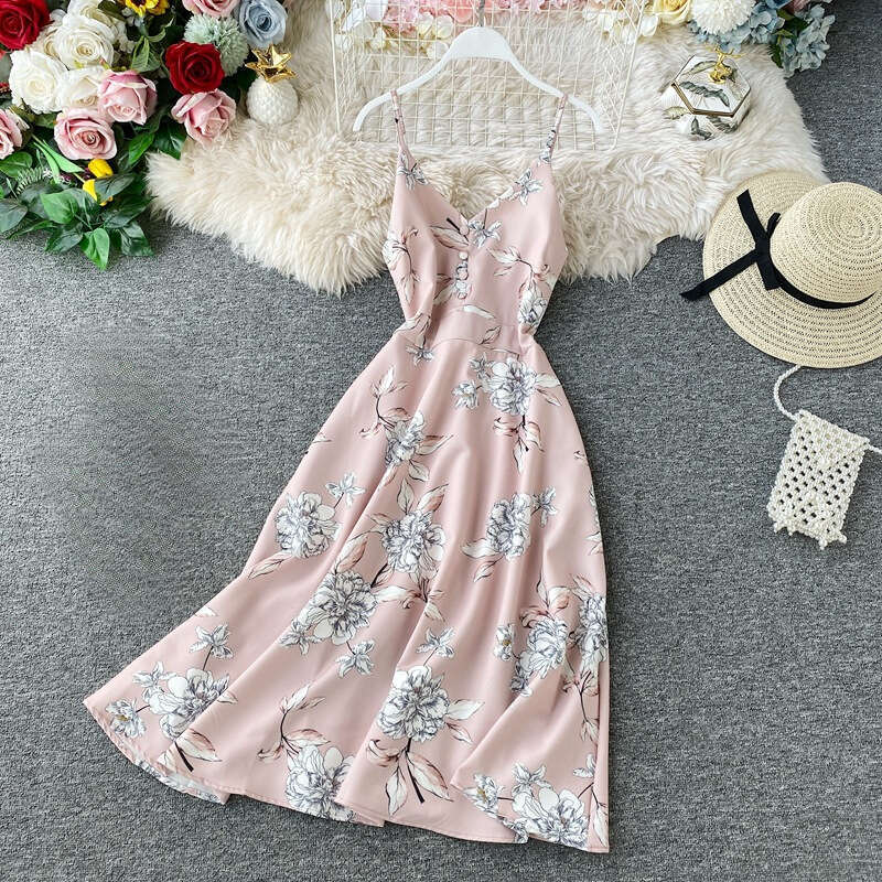2026 designer backless V-neck camisole super elf like seaside vacation beach dress summer long skirt