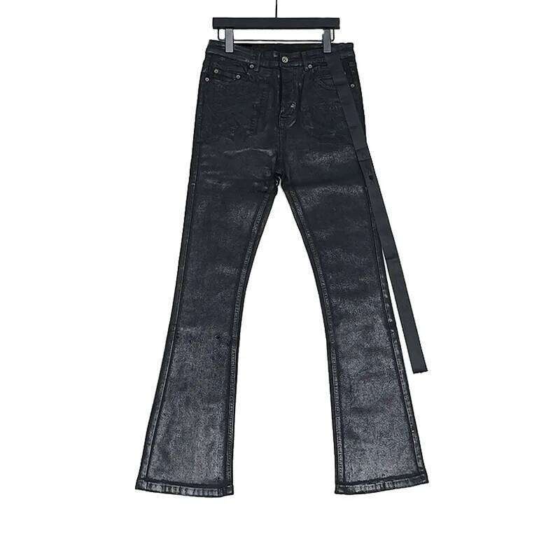 Owen Seak Mens Oil wax Jeans Classic Denim Gothic Coated Casual Flared Trousers High Street Solid Designer Pants H260306