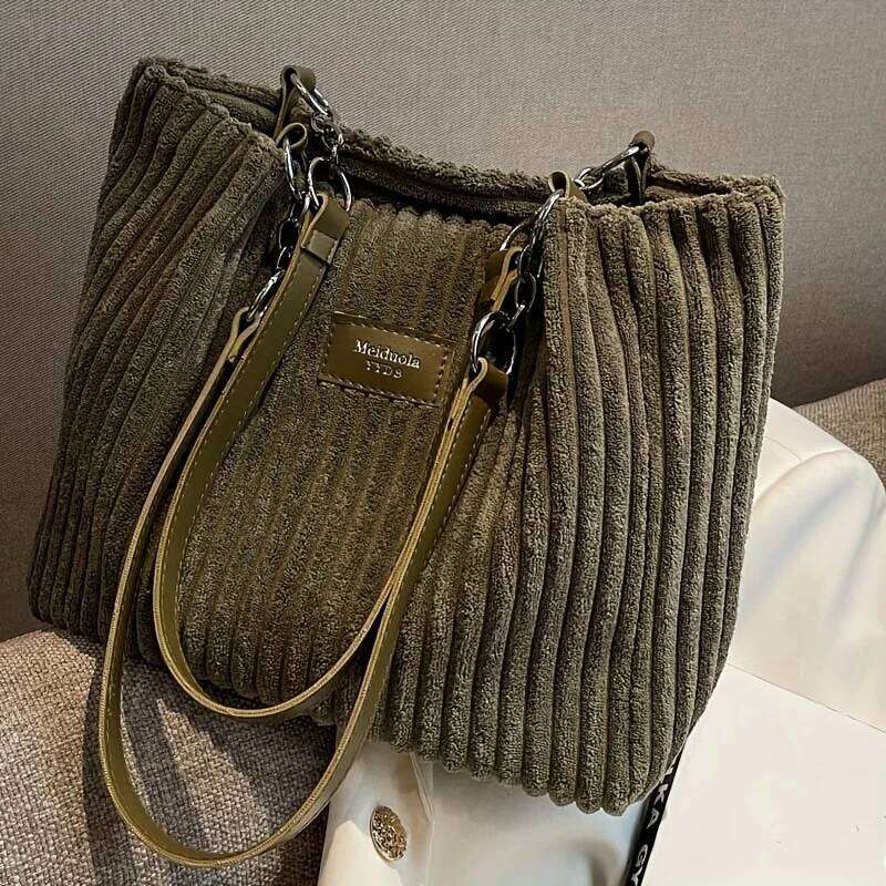 Stylish Corduroy Tote Bag for Women, Large Capacity Plush Shoulder Bag, Versatile Commuter & Travel Bag. XJ260306