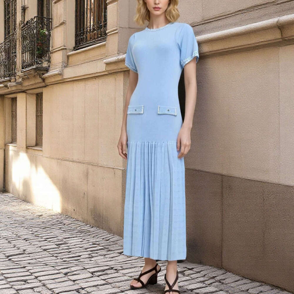 2026 new French bead short sleeved knitted long dress elegant slim fit pleated black women's dress