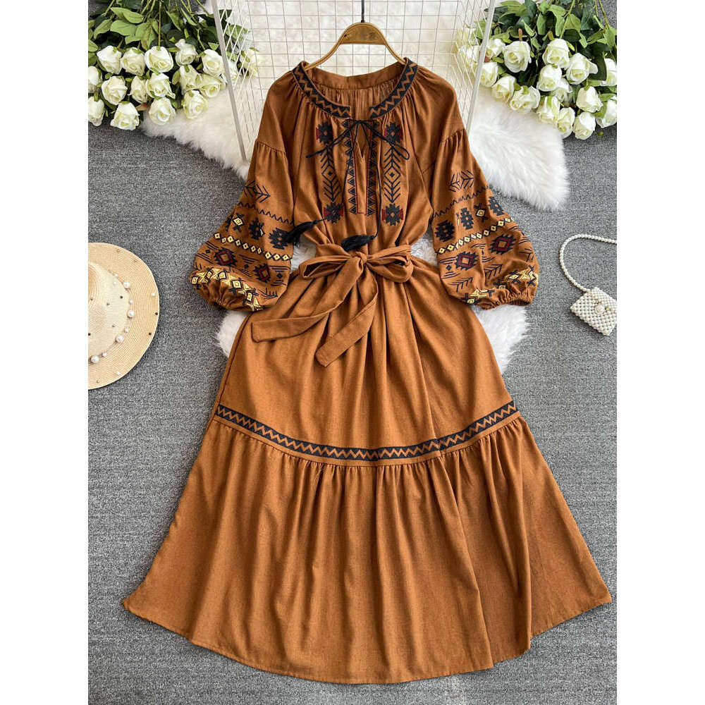2026 Women's Seaside Vacation a20 Skirt Beach Skirt Super Elf like Ethnic Style Embroidered Lantern Sleeves Floating Long Skirt