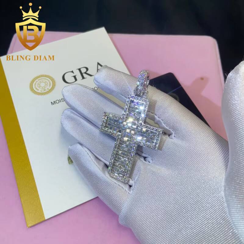 Past Diamond Test Hip Hop Style Cross Moissanite Pendant Charm Solid 925 Silver VVS Moissanite Jewelry Iced Out Cross Pendant