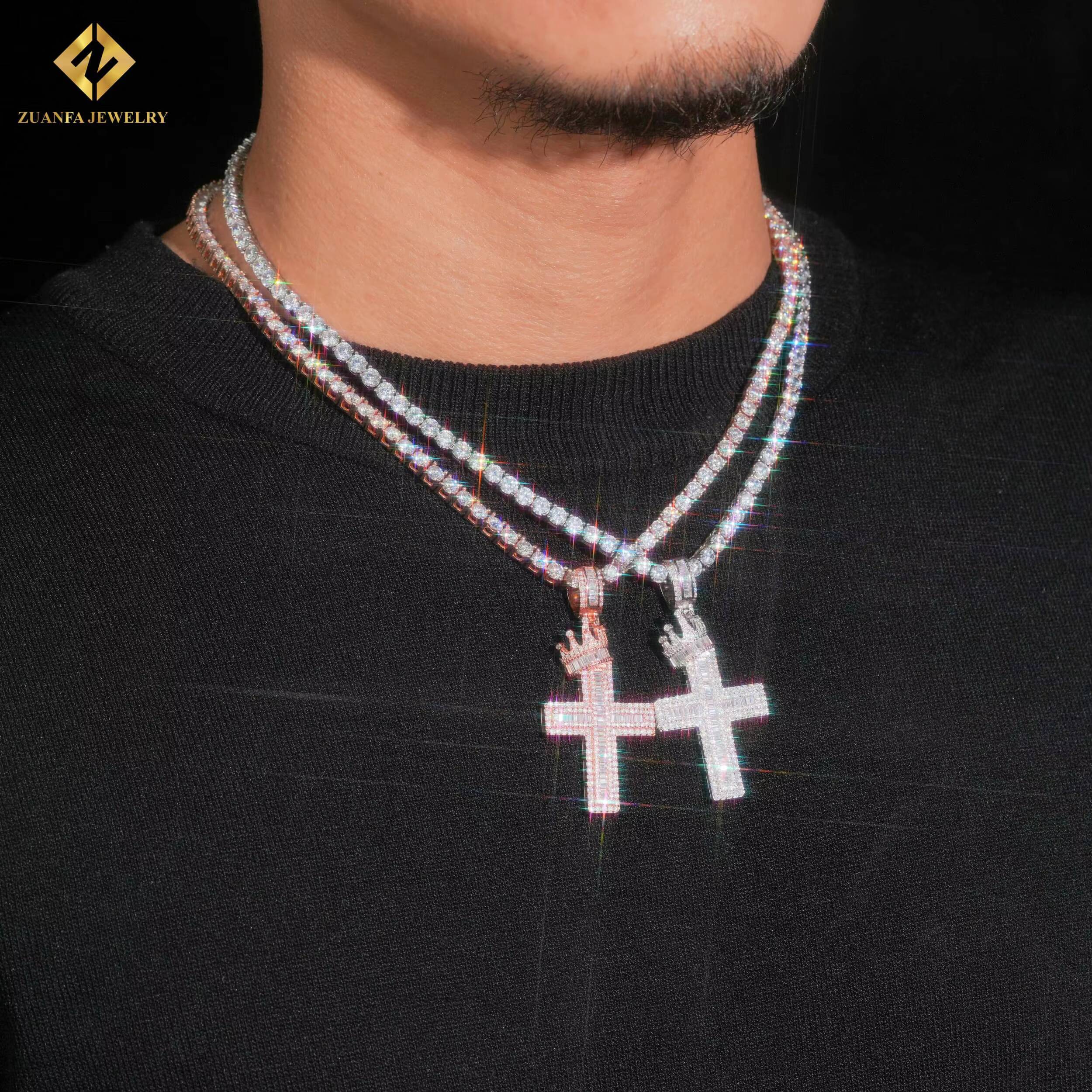 USA Warehouse VVS Moissanite Hip Hop Jewelry Cross Crown Iced Out Pendant Charm 925 Sterling Silver Moissanite Cross Pendant Men