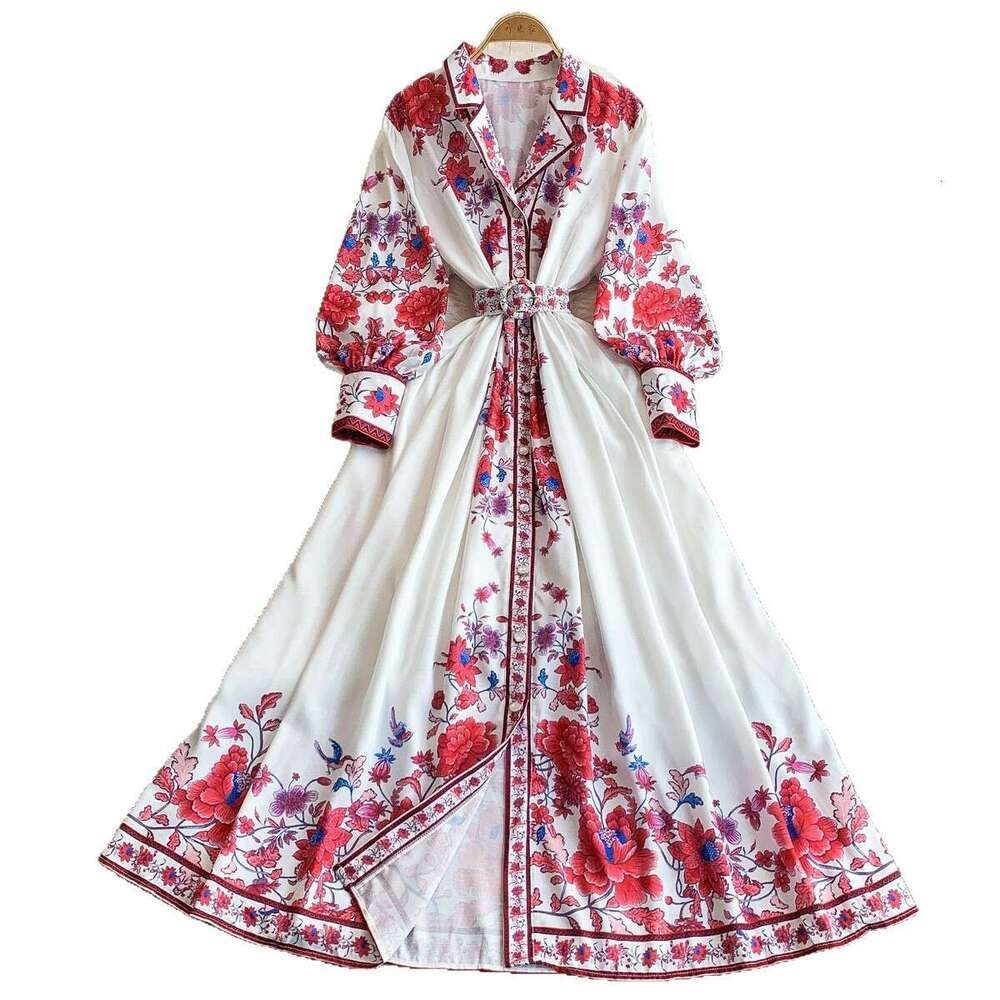 French retro printed dress for women, standing collar with lantern sleeves, spring and autumn with pearl buttons, tie waist, slim fit effect, big hem 