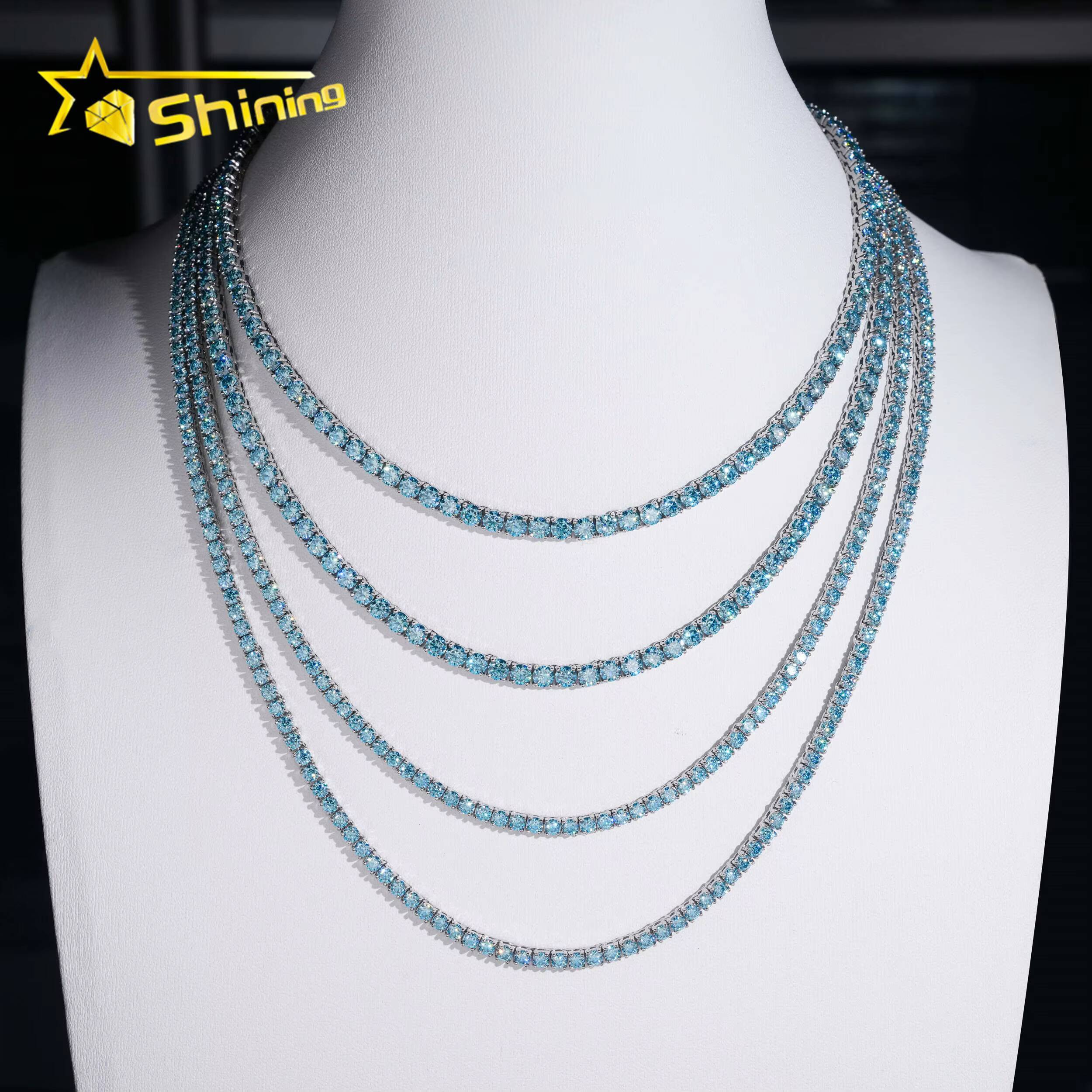 Fast Shipping Aquamarine Color Moissanite Tennis Chain 925 Sterling Silver Gold Plated Pass Diamond Test Moissanite Necklace