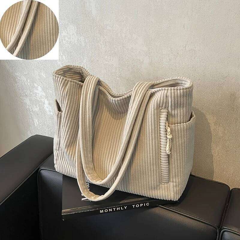Women'S Corduroy Tote Bag,Versatile Handbag,Large Capacity,Multi-Pocket, Zipper Closure, Polyester Lined, Christmas Gift XJ260306