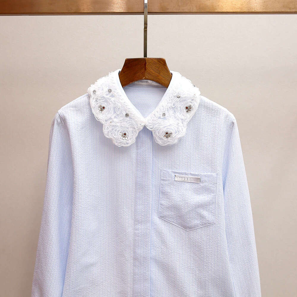 2026 A12 Designer High end Women's Spring New Collection Sweet Lace Beaded Doll Collar Long Sleeve Striped Shirt