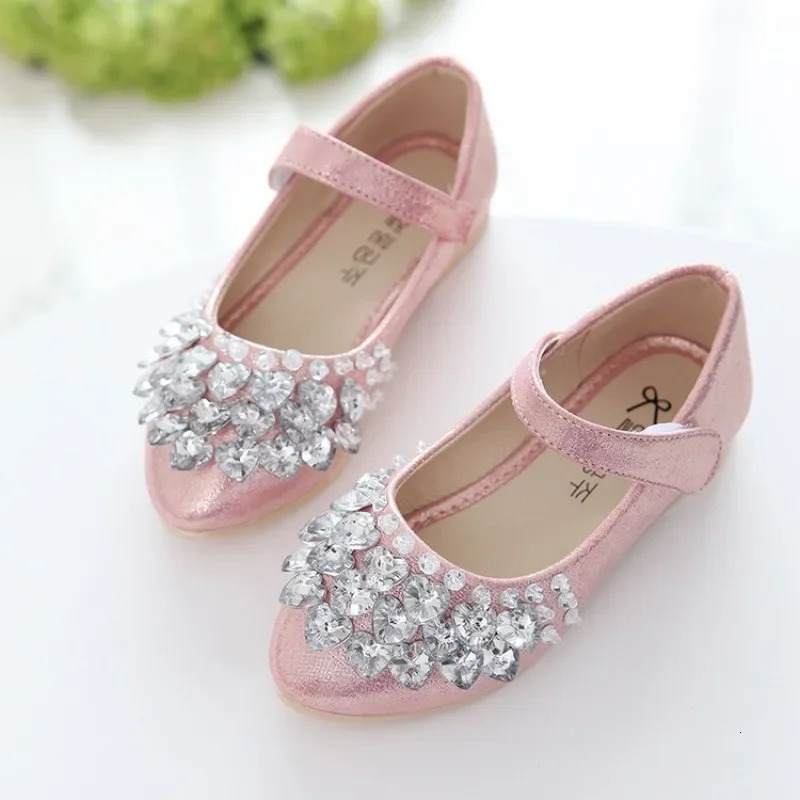 Girls Crystal Shiny Princess Shoes Kids Sweet Flats Performance Shoes Fashion Childrens Leather Shoes for Party Wedding 260302