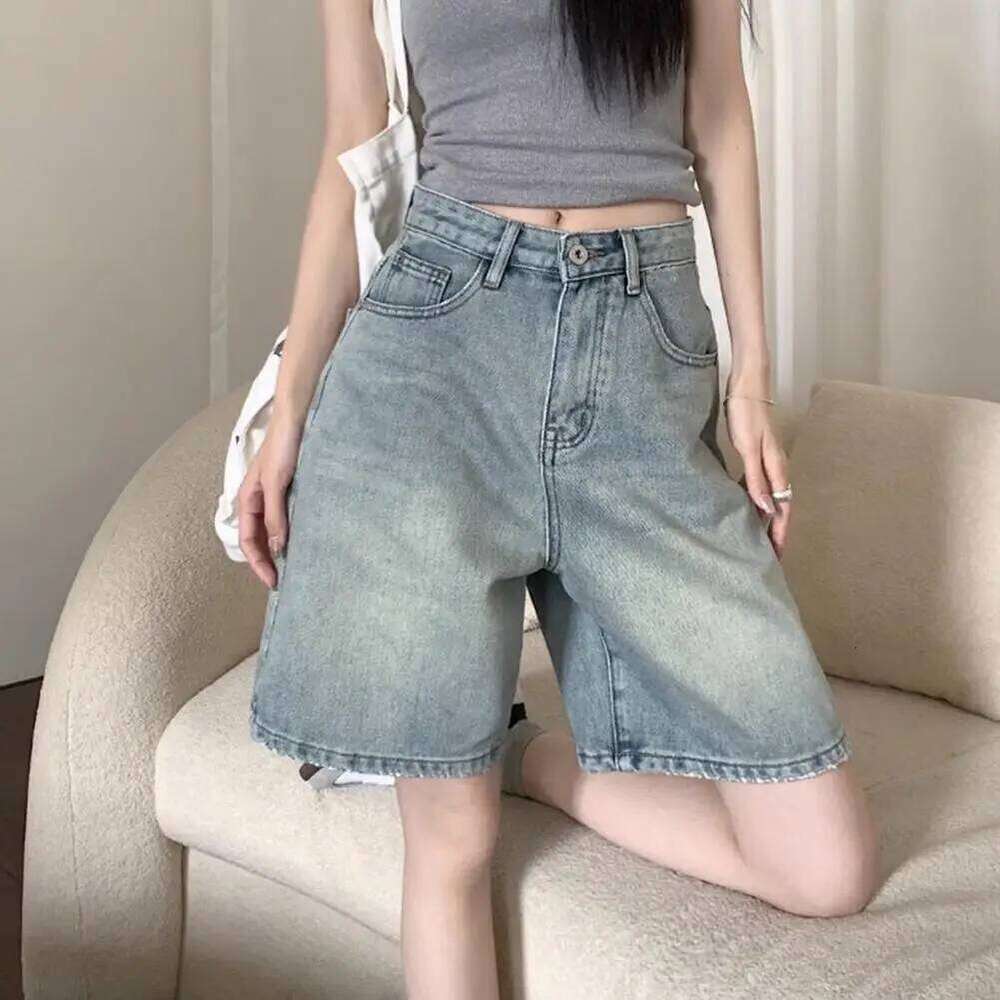 Pants Side Pockets Vintage High Waist Denim Shorts for Women Wide Leg Streetwear Jeans with Button Closure Zipper XJ260306