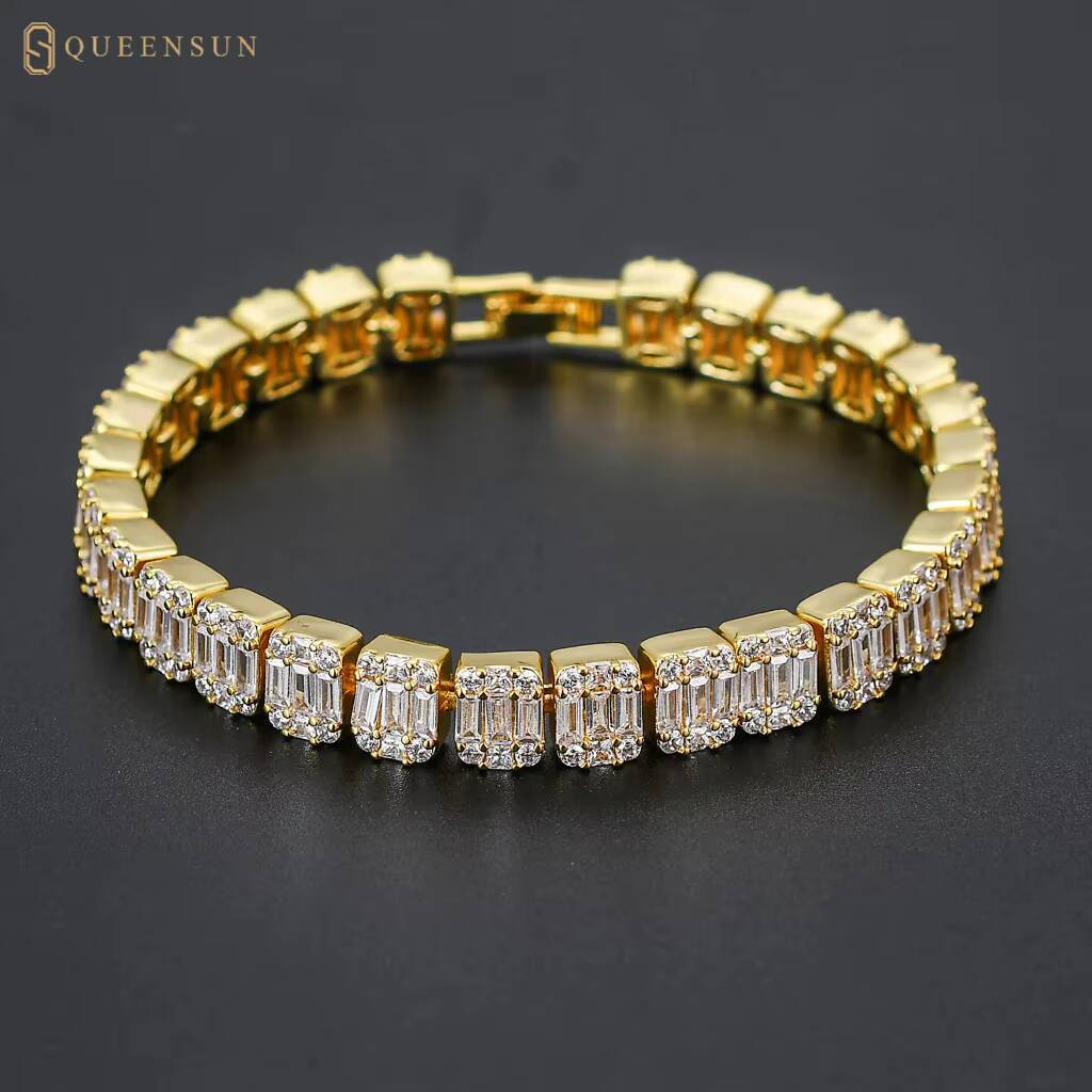 Queensun IGI GRA 18k Solid White Gold Tennis Bracelet 9mm Rectangular S925 Moissanite Hip-hop Chain Link Jewelry Lab Diamond