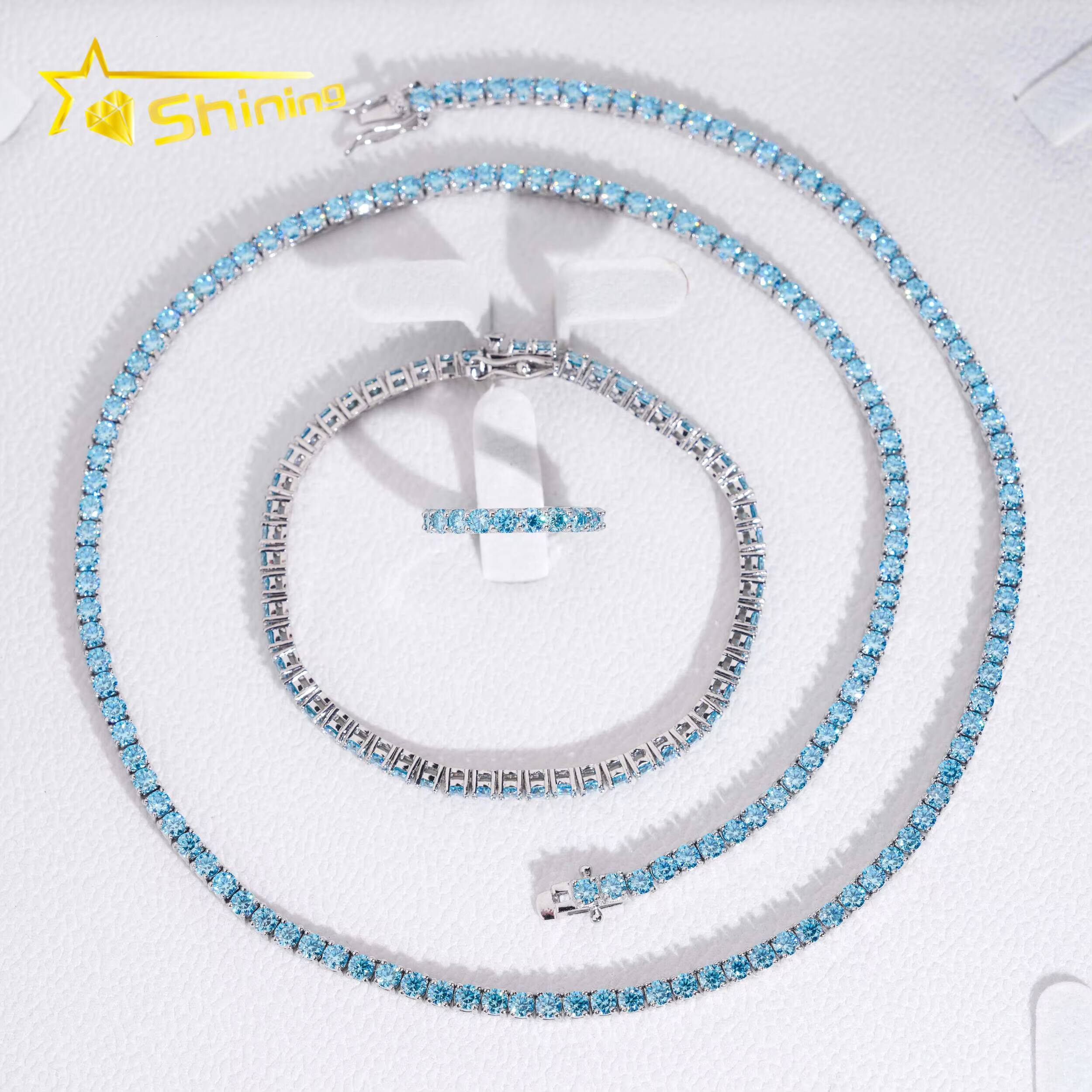 Fast Shipping Aquamarine Color Moissanite Tennis Chain 925 Sterling Silver Gold Plated Pass Diamond Test Moissanite Necklace