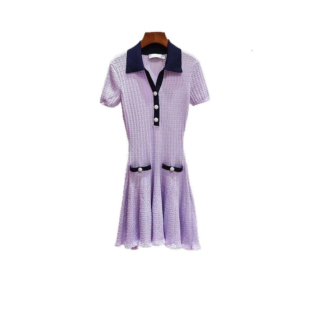 2026 Spring and Summer New Style Elegant Contrastive Color Collar Waist Hollow Short Sleeve Knitted A-line Dress