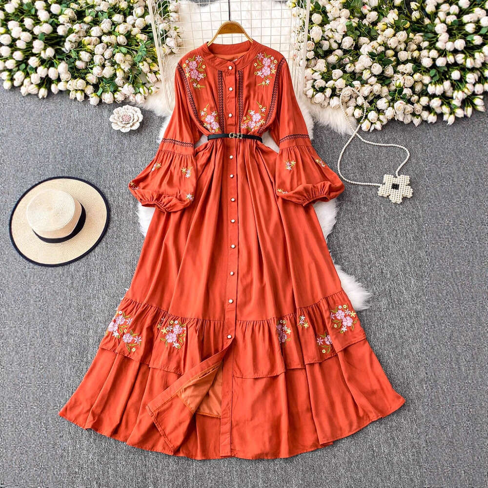 Designer ethnic style embroidered round neck women's lantern sleeve new single breasted A13 slim pleated long skirt