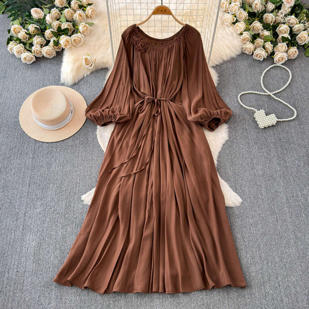 Designer's high-end elegant ladylike temperament fashionable lantern long A12 sleeved round neck waist cinched slimming tie waist A-line smooth d