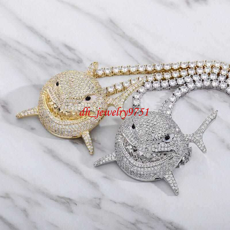 Moissanit Design Iced Out Shark Gemstone Pendant Hip Hop Fashion Gold Necklace Link Chain For Men Rapper Jewelry - view 3