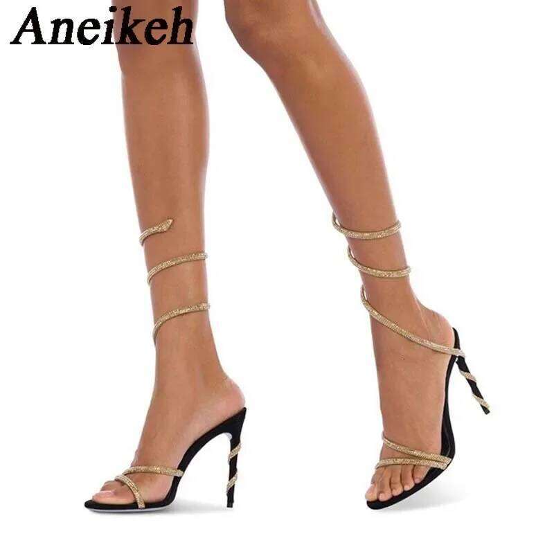 Aneikeh Star Style Luxury Crystal Snake Coiled Ankle Strap Lady Gladiator Sandals Sexy Stiletto High Heel Summer Party Prom Shoe