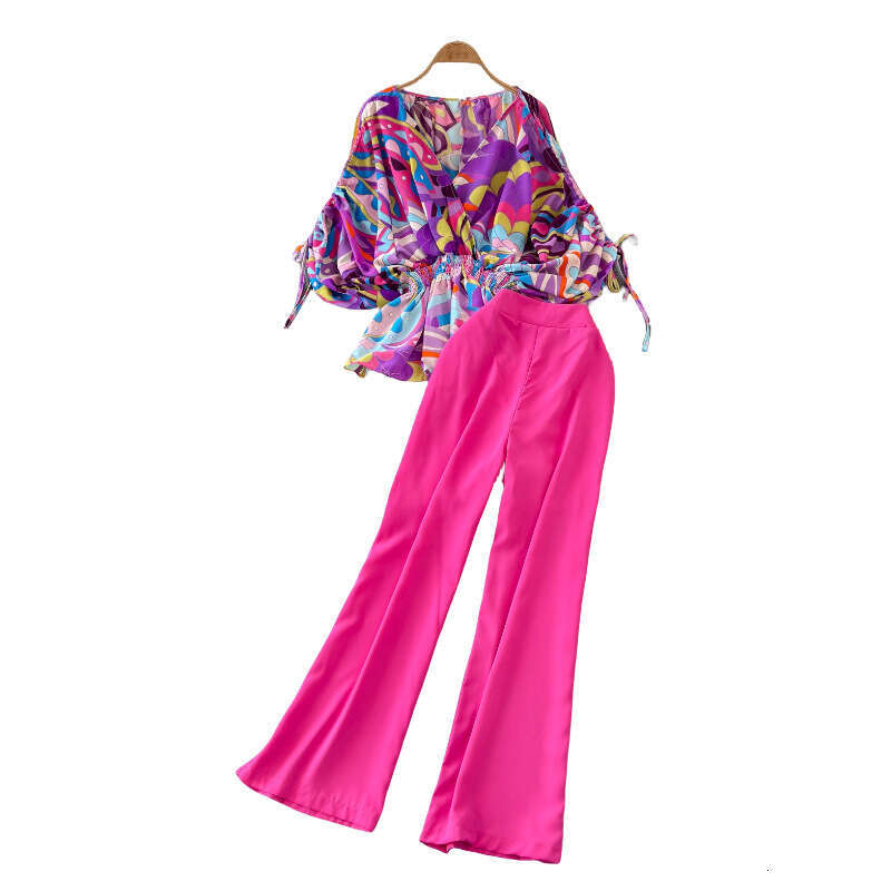 2026 Designer Fashion A13 Women's Casual European and American Style Short Sleeve V-neck Waist Wide Songhua Shirt Two Piece Set