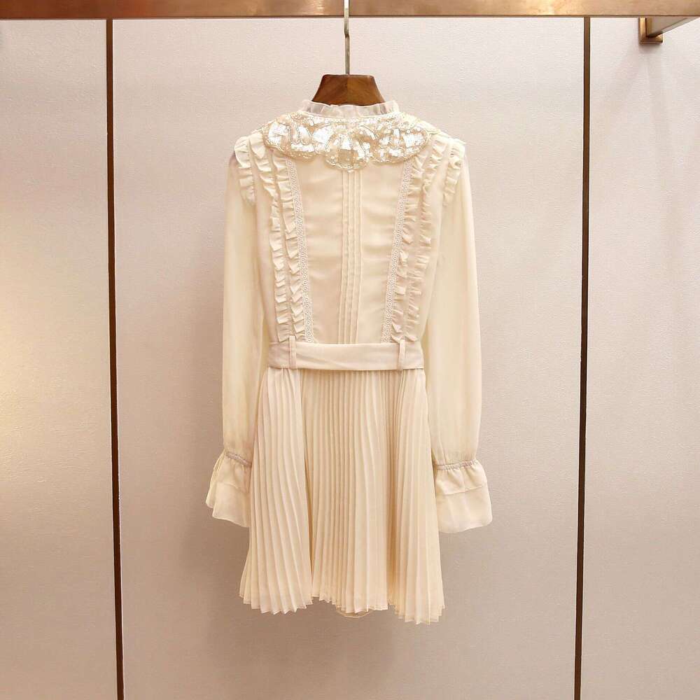 2026 autumn and winter new casual elegant style pleated patchwork bead doll collar waistband chiffon women's long sleeved dress