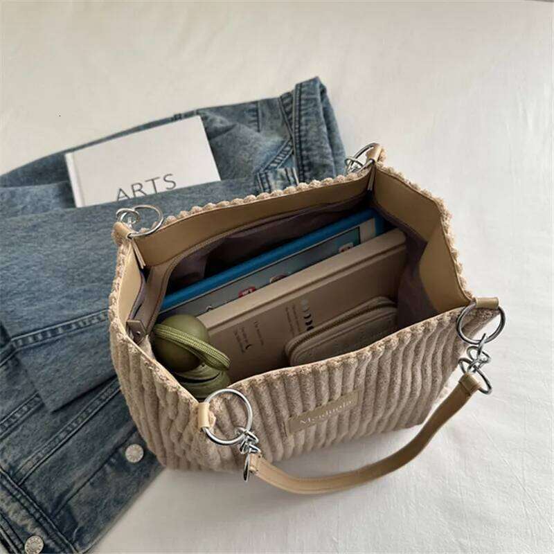 Chic Corduroy Tote Spacious Trend Chain & Leather Accents Handbag for Women Shoulder Shopping Bag, Suitable Daily Commute XJ260306