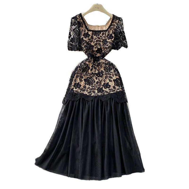 Designer Women's French Lace Square Neck 2026 Spring and Summer High end Curtain Mesh Splicing Elegant Dress