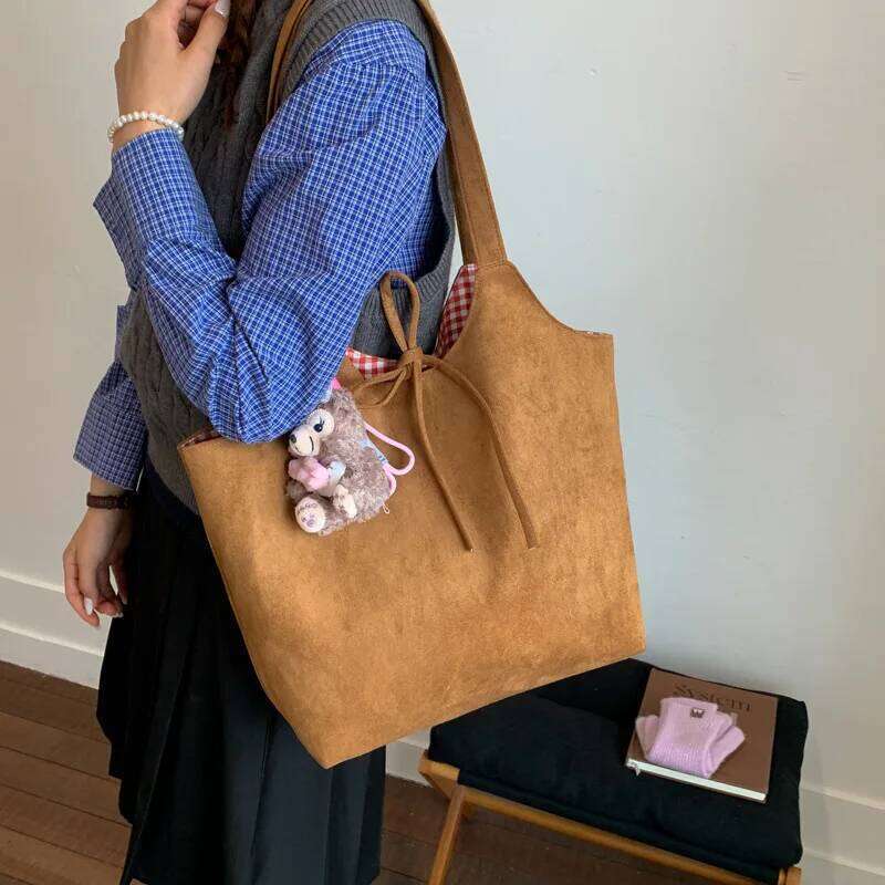 Korean Lazy Style Plaid Double-sided Back Matte Retro Commuter Women's Autumn and Winter Fashion Shoulder Tote Bag XJ260306