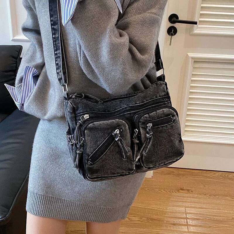 Women's Large Capacity Casual Crossbody Washed Denim Mailman Style Trendy Single Shoulder Bag Versatile XJ260306