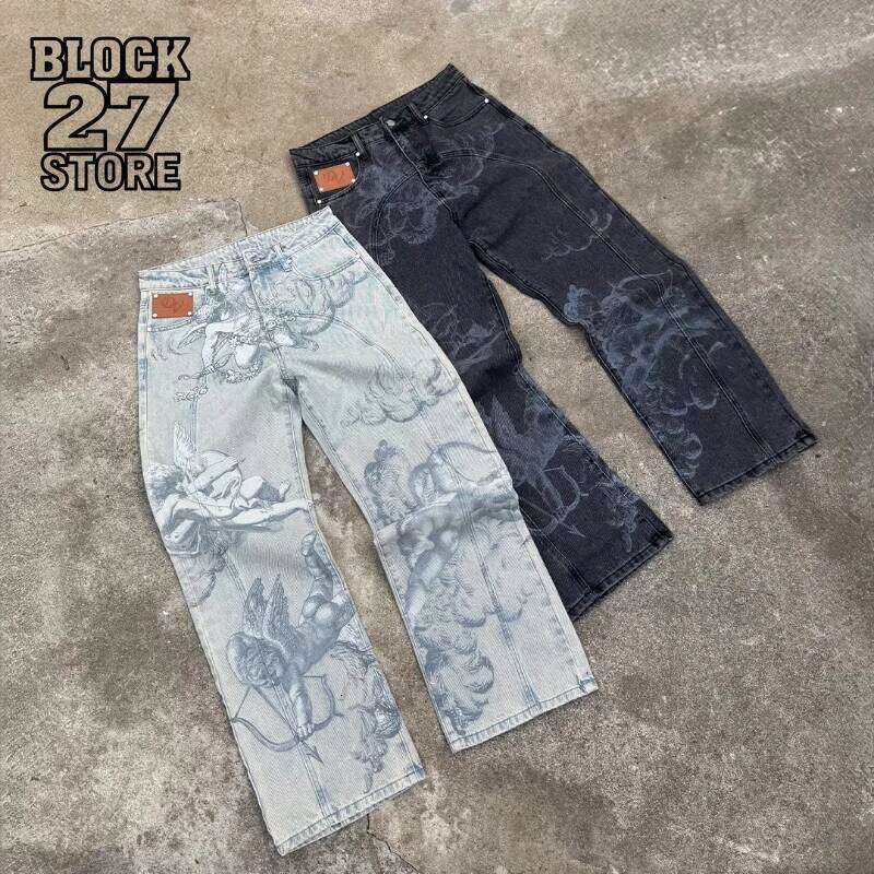 Mens Jeans Harajuku Y2K Angel Baggy Denim Pants Retro High Street Arrow Print Loose Straight Fit American Hip Hop Streetwear New W260307