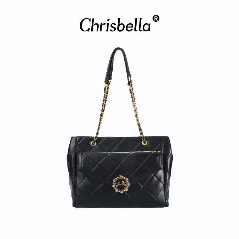 Quilted Pearl Horsebit Chain Bag - Elegant Black Shoulder Crossbody Bag for Women SENYY