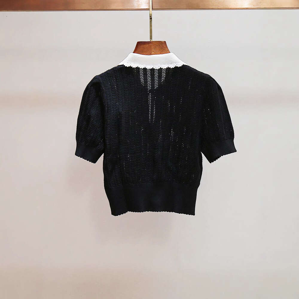 2026 designer high-end women's summer new item niche French color blocked lapel short sleeved single breasted knitted top