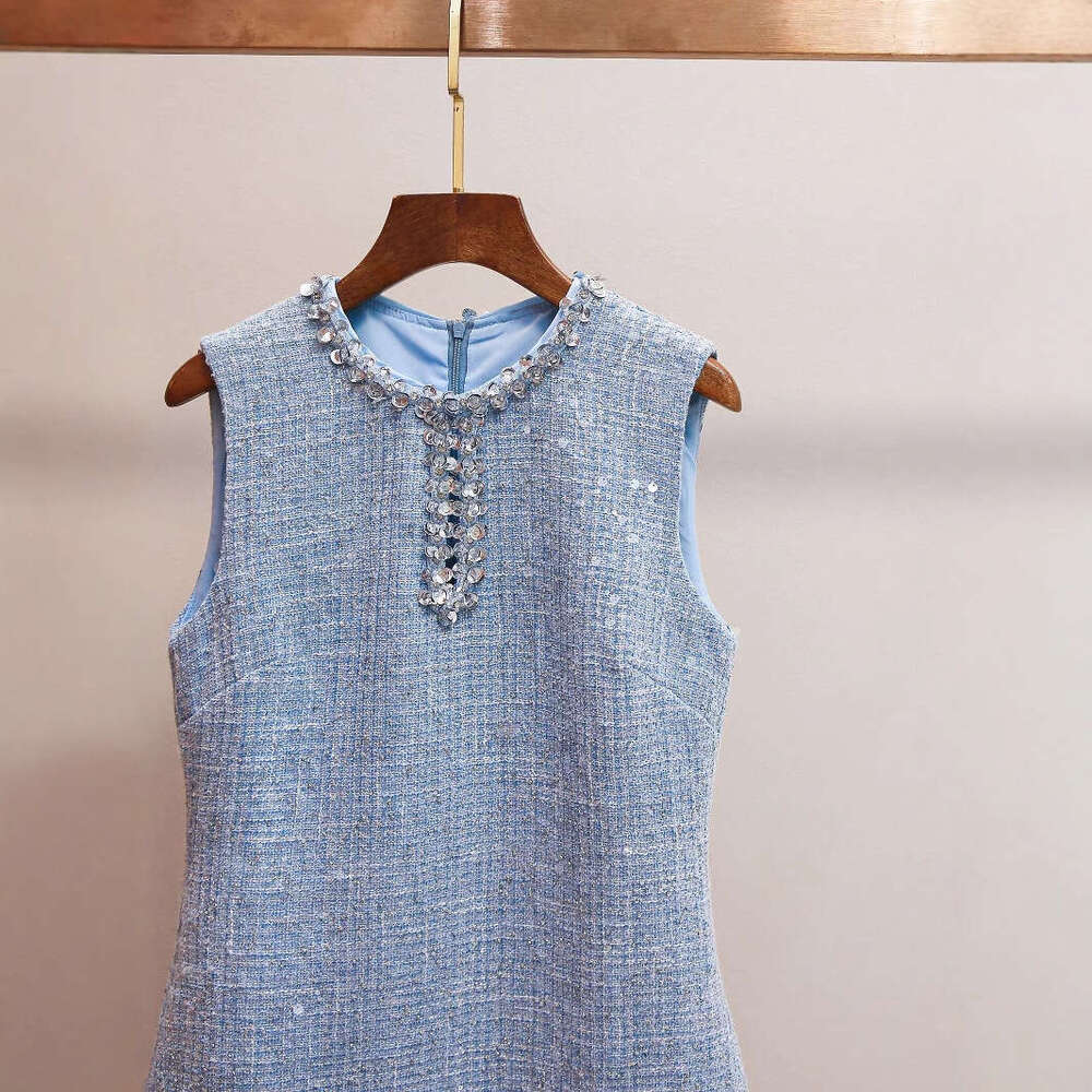 2026 Spring New Designer Celebrity Style Mist Blue Water Diamond Hollow Sexy Round Neck Glitter Tank Top