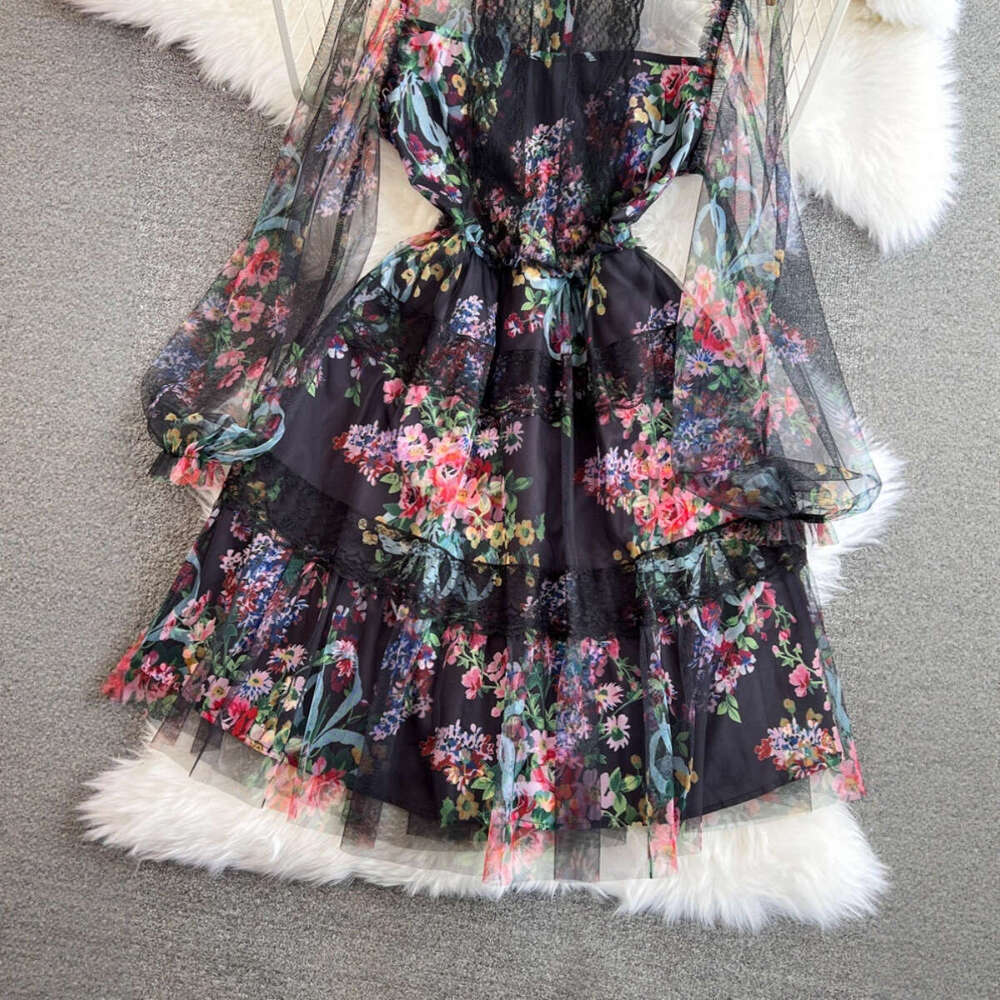 2026 spring A12 and autumn high-end elegant long sleeved round neck waist slimming A-line mesh printed dress