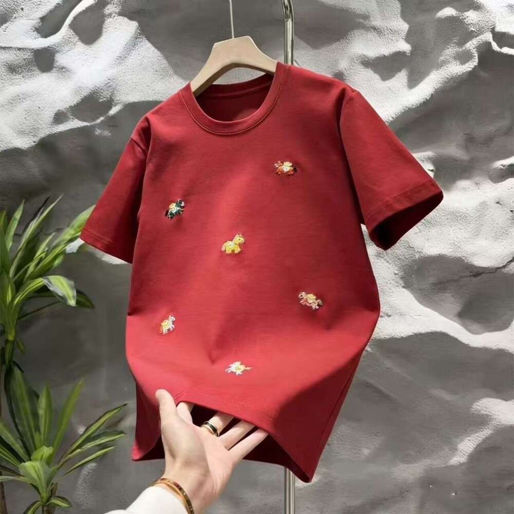 2026 Spring New Red Year Of The Horse Embroidered T-Shirt Unisex Trendy Brand Short Casual Versatile Half Sleeve Luanyun
