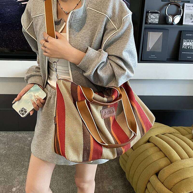 Quality Big Striped Boston Bags For Women Canvas Fabric Large Capacity Shopper Shoulder Crossbody Tote Bag 2025 Designer Handbag XJ260306