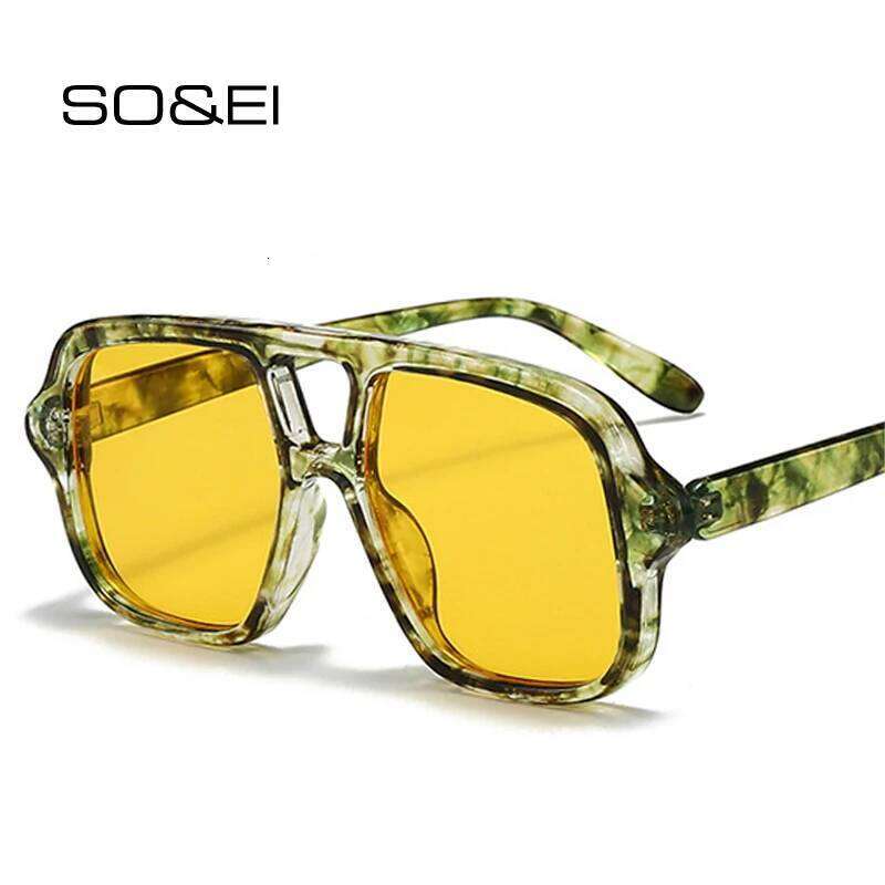 SO&EI Ins Popular Fashion Double Bridges Square Sunglasses Vintage Punk Yellow Blue Shades UV400 Men Trending Sun Glasses Z260306