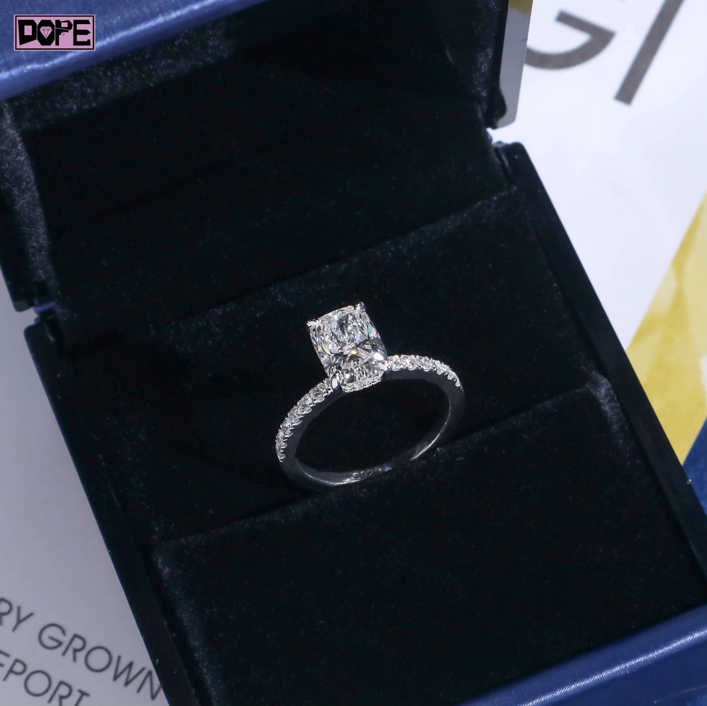Diamond Jewelry 2ct Wedding Ring CVD HPHT Elongated Cushion Cut 925 Silver Engagement Lab Grown Diamond Ring