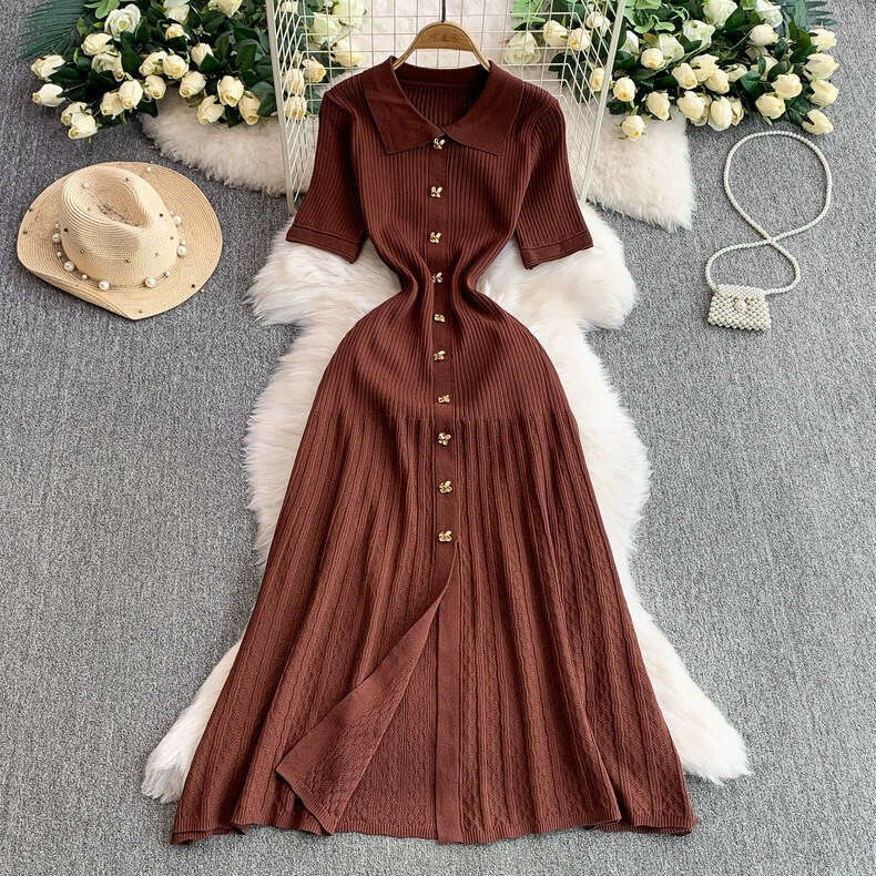 Elegant women's style short sleeved A-line new metal buckle waist slimming fish tail cut knitted dress 2026