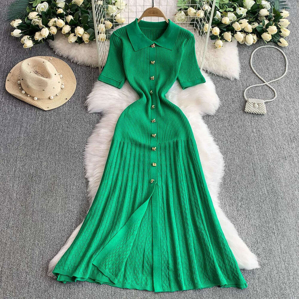 Elegant women's style short sleeved A-line new metal buckle waist slimming fish tail cut knitted dress 2026