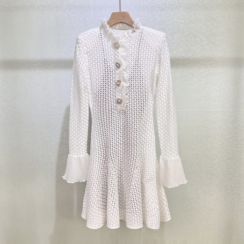 SP dress French white hollow lace collar splicing single breasted fashionable small fragrance style gentle wearing two-piece dress set