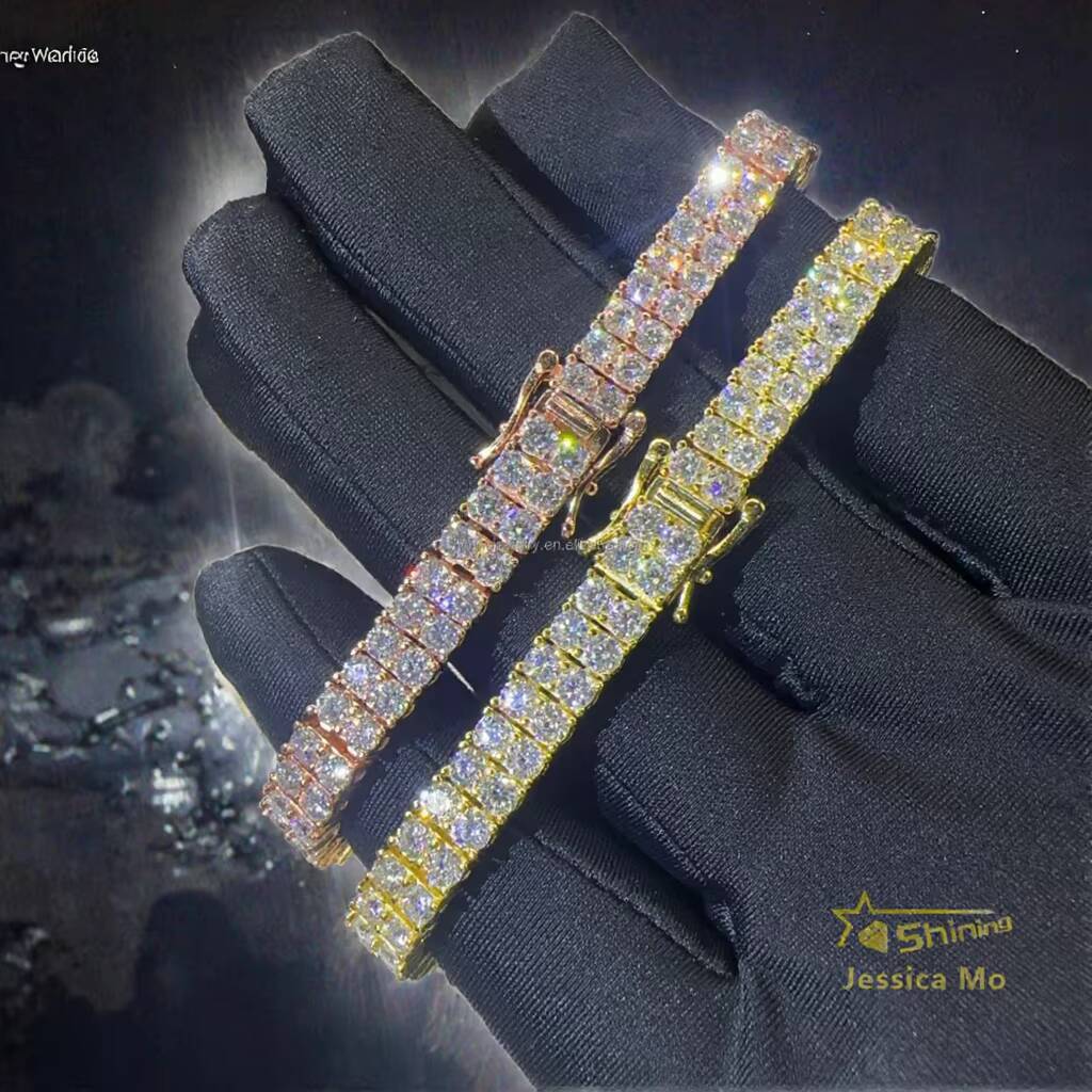 New Arrivals S925 Solid Silver Gold Plated Trendy Tennis Bracelet Two Rows 3mm Wedding VVS1 Moissanite Iced GRA Party Gifts