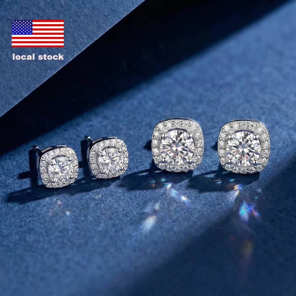 Local Stock Us Warehouse 925 Silver Hot Selling Jewelry Unisex 05ct 1carat square halo Luxury Vvs1 GRA Moissanite Stud Earrings
