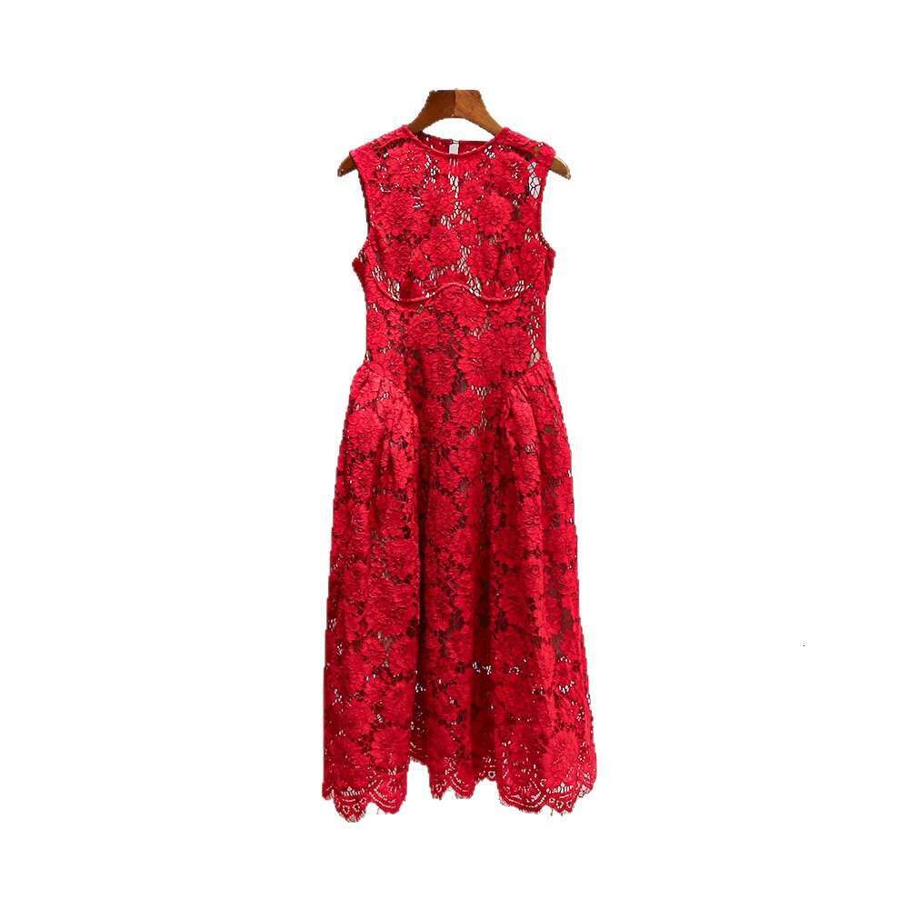 2026 Spring and Summer New High end Social Heavy Lace Hollow A-line Round Neck Sleeveless Women's Long Skirt