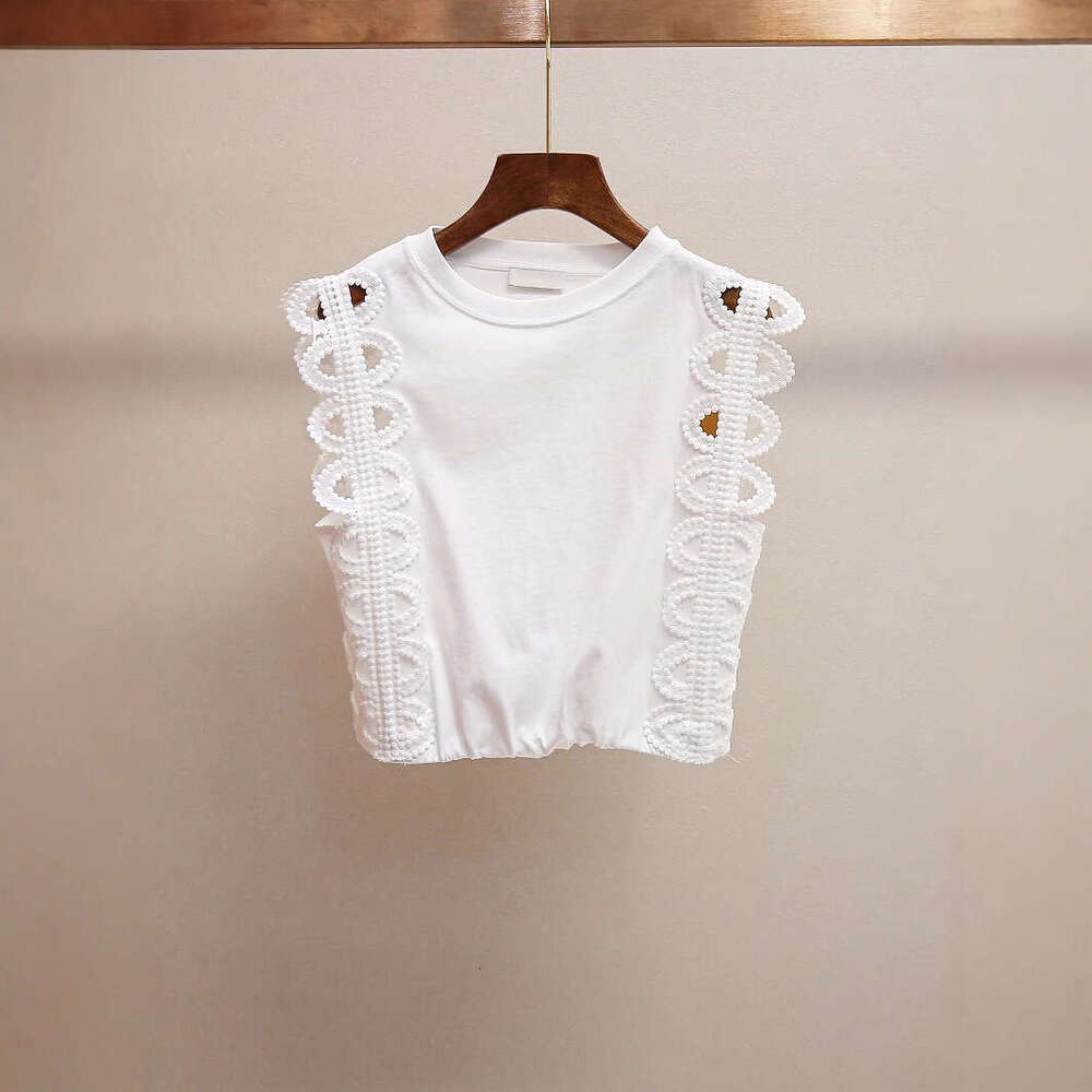 2026 high-end women's spring and summer new fashionable French design hollow out sleeveless short sleeved T-shirt top
