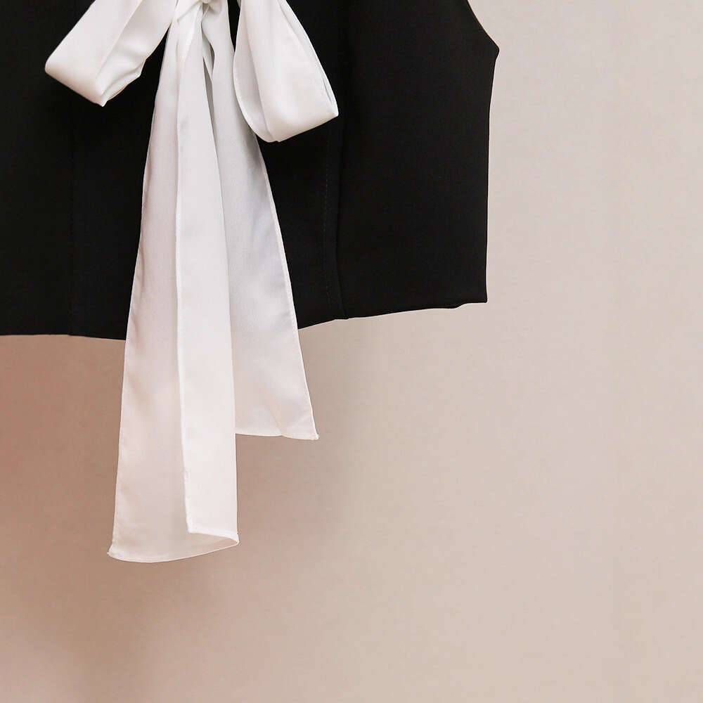 2026 autumn new French elegant social pleated color blocked bow V-neck women's short vest
